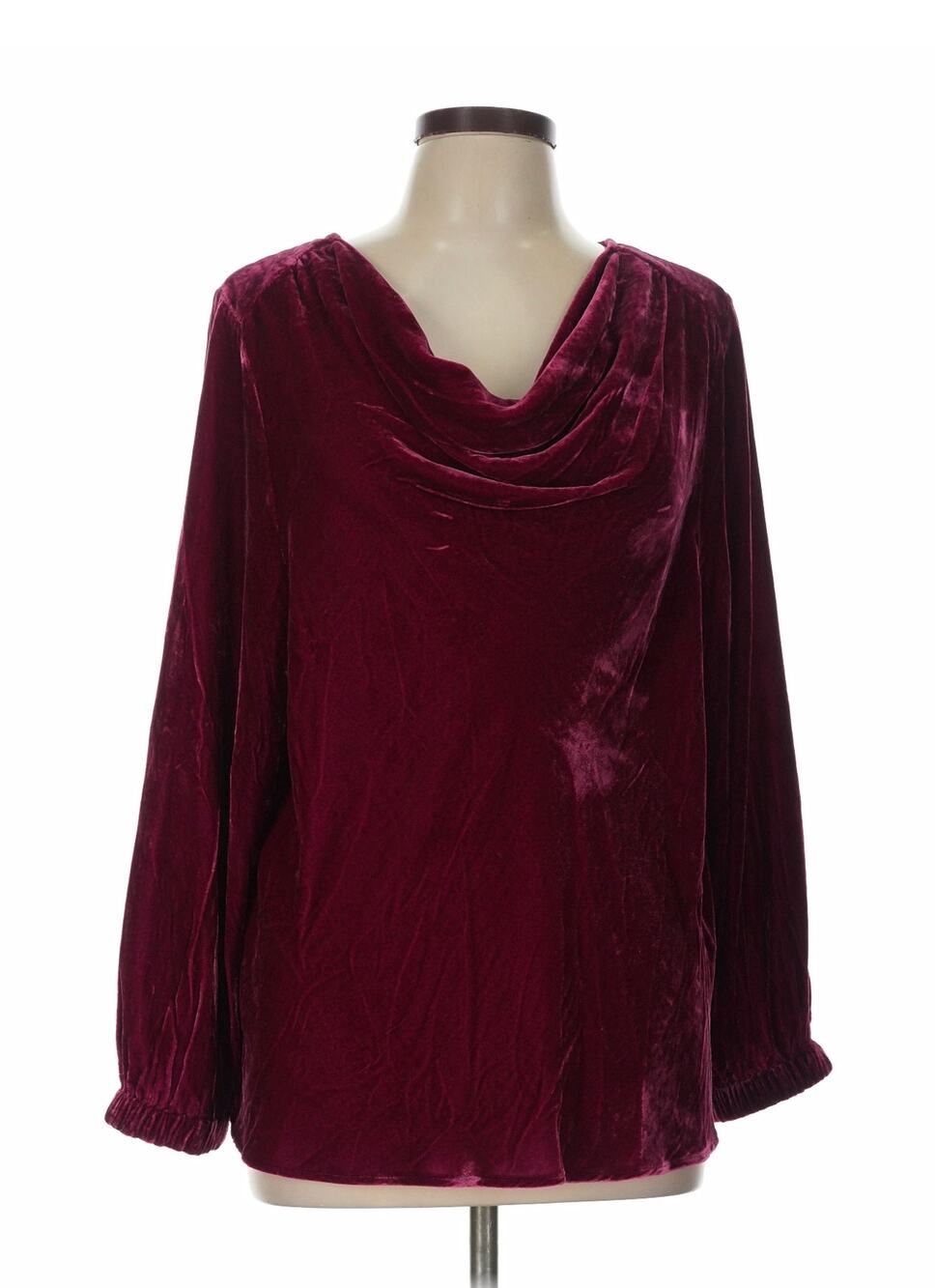 SUNDANCE Ophelia Berry Velvet Cowl Neck Blouse Deep Wine
Red Elastic Cuffs Sz. L